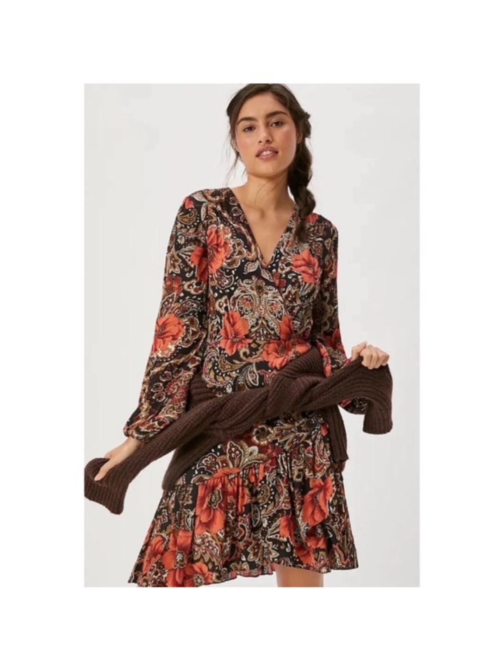 Anthro ATSU Tenley Black Floral Ruffle Dress Size 14 - Picture 2 of 12